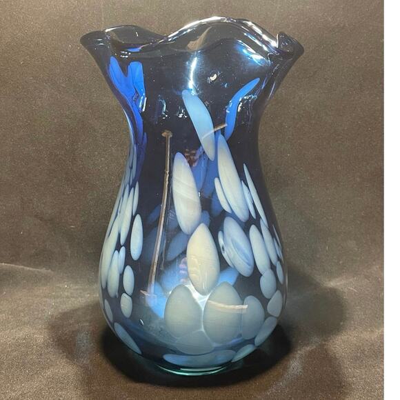 Hand Blown 9 in. Cobalt Blue Vase with White Accents - Picture 1 of 5
